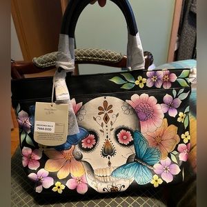 Anuschka Hand Painted Leather Bag - Floral Skulls